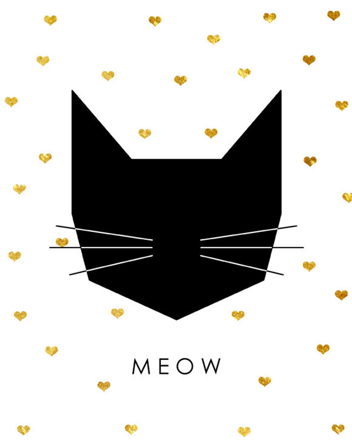 Geometric Black Cat Face Gold Heart Pattern Meow Nursery Art Poster