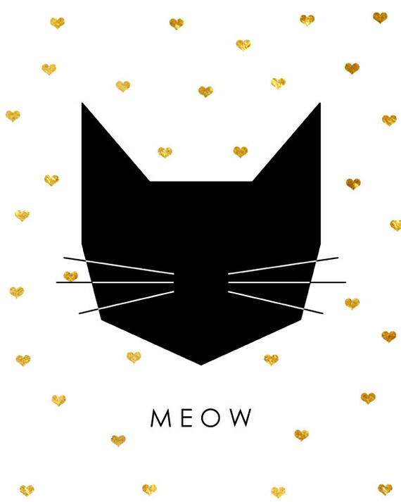 Geometric Black Cat Face Gold Heart Pattern Meow Nursery Art Poster