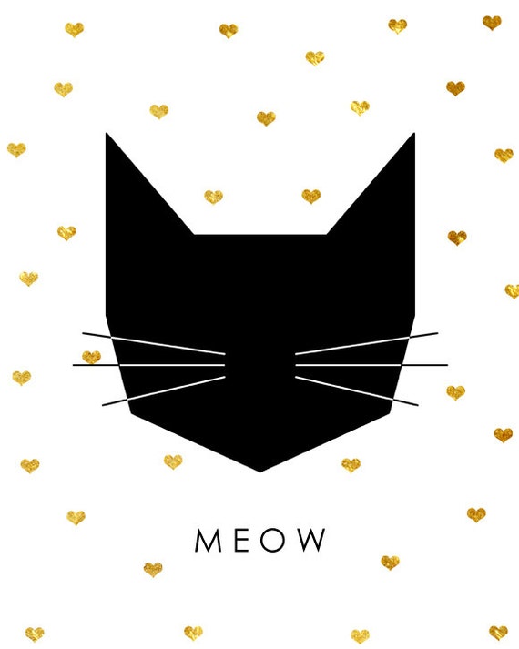 Meow Poster Kitty Print Geometric Animals Modern Home Decor Nursery Print Art Heart Print Cat Print Golden Art Black Gold