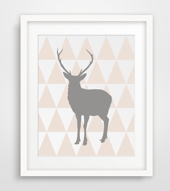 Grey Deer Buck Silhouette Beige Triangle Geometric Nursery Print