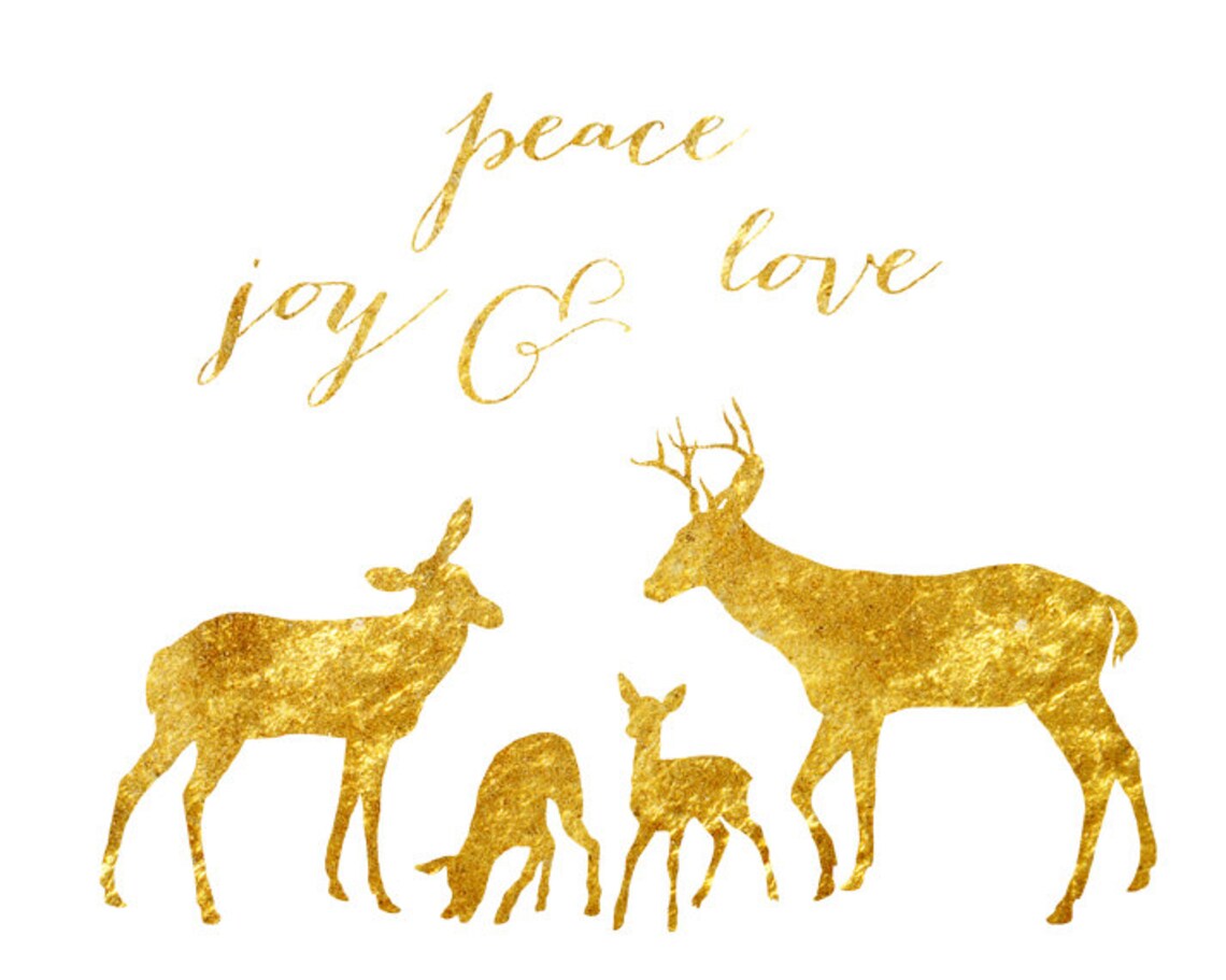 Peace Joy And Love Gold Glitter Deer Family Holiday Season Print - Image 2