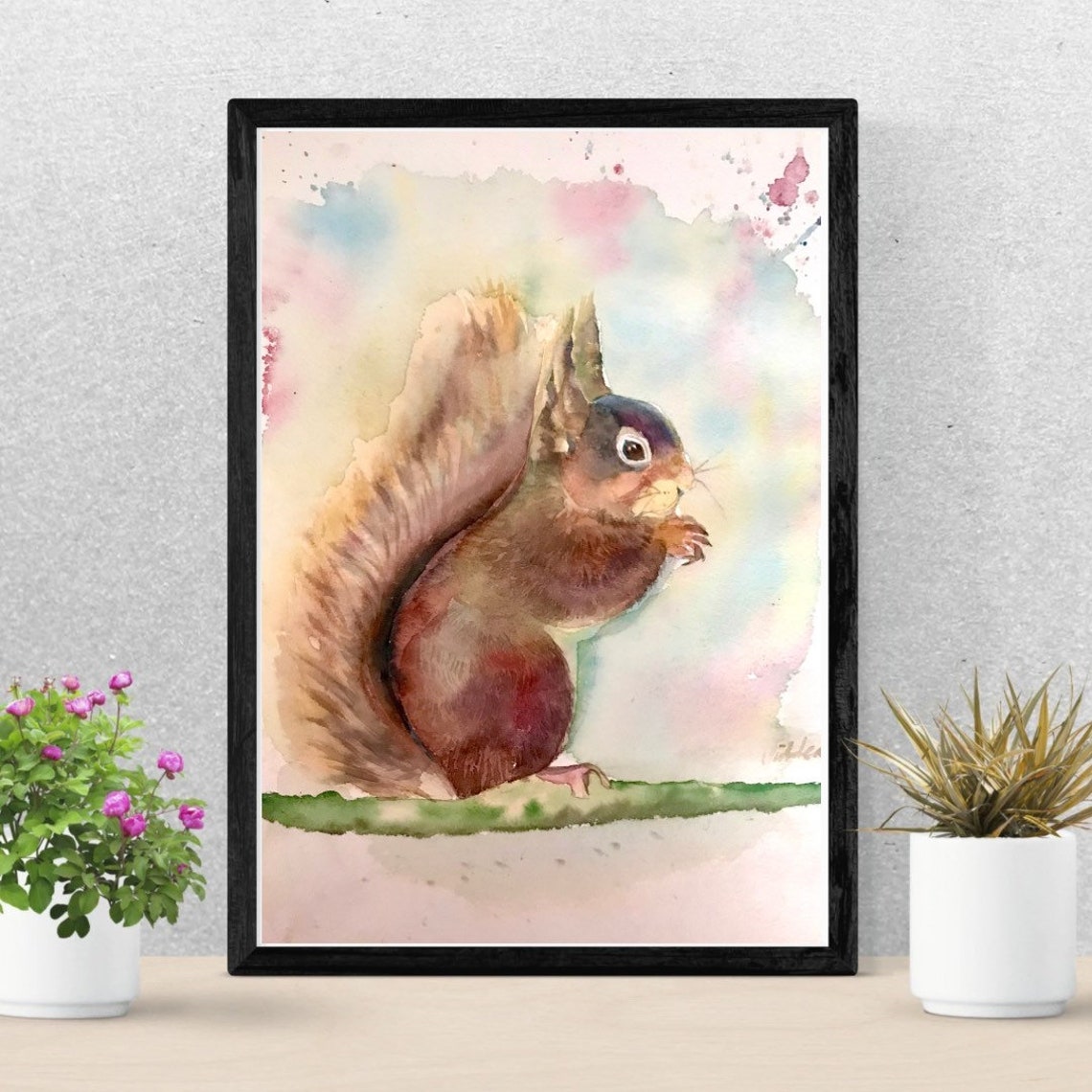 Adorable Red Squirrel on a Branch Watercolor Portrait Poster - Image 4