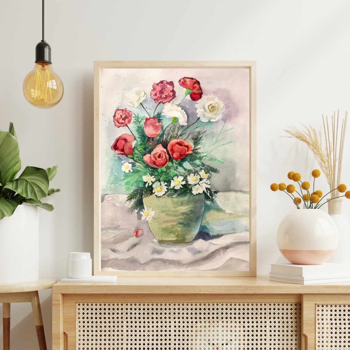 Mixed Garden Bouquet in a Green Vase Watercolor Still Life Poster - Image 6