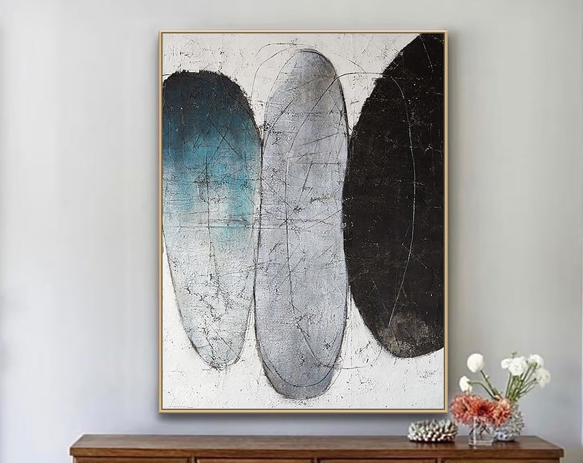 Teal Gray Black Overlapping Oval Abstract Minimalist Painting Poster