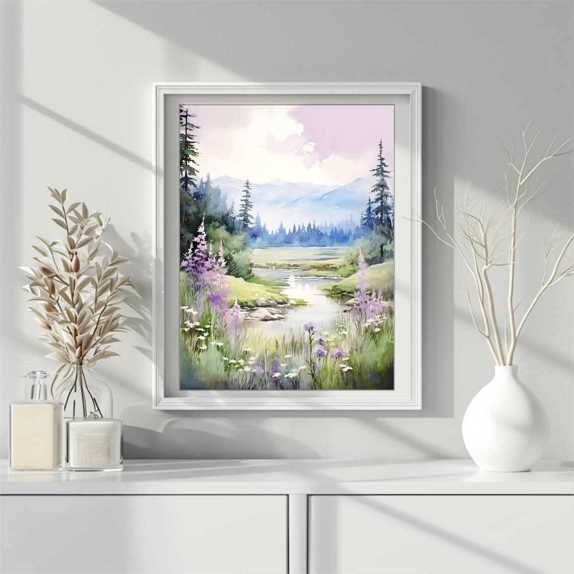 Foggy Mountains River Landscape Watercolor Art Print - Image 5