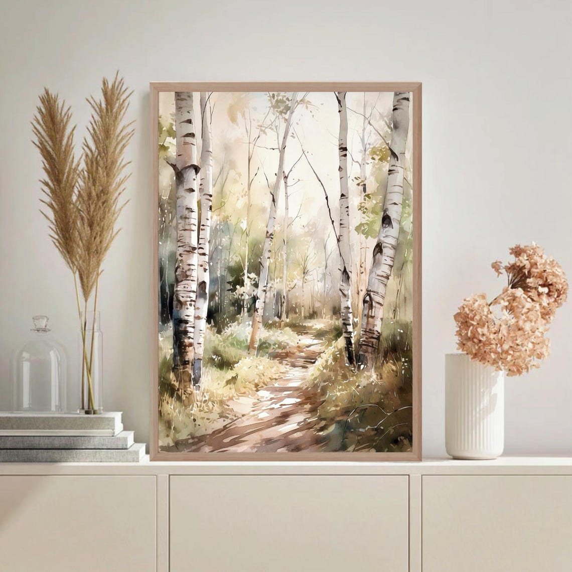 Misty Birch Forest Path Muted Earth Tones Calm Watercolor Poster - Image 5