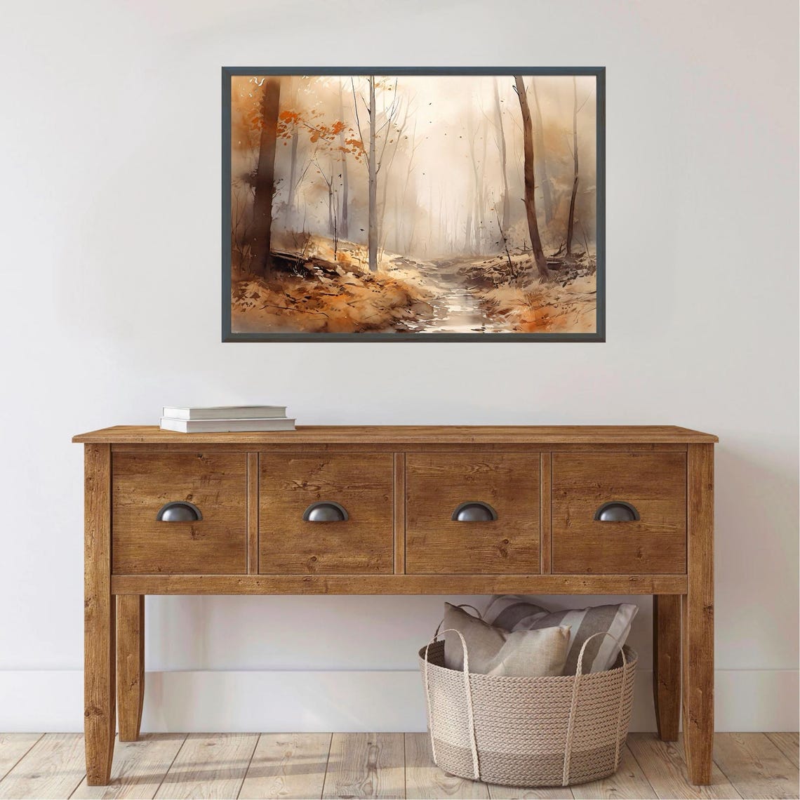 Misty Autumn Forest Path Tall Trees Golden Watercolor Woodland Poster - Image 2