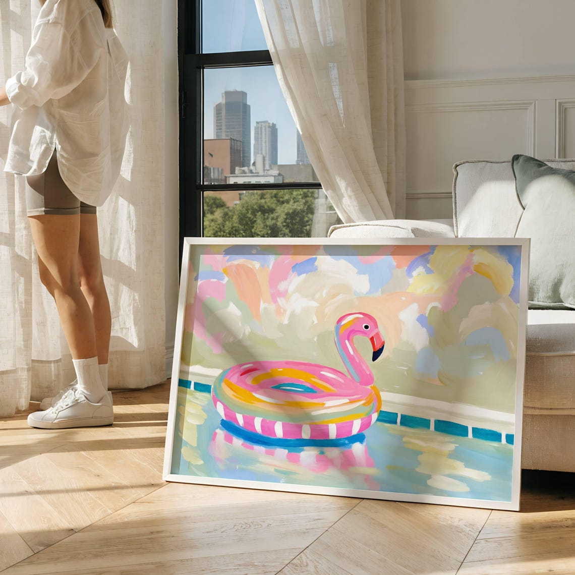 Pink Flamingo Pool Float Summer Pastel Watercolor Art Poster