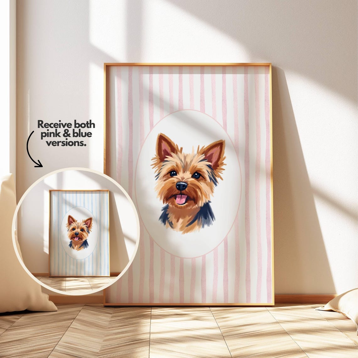 Yorkshire Terrier Watercolor Puppy Portrait Pink Striped Poster