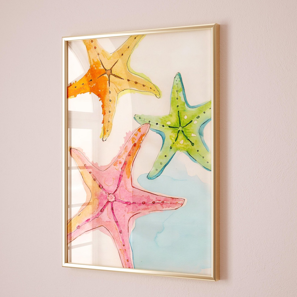 Pastel Starfish Watercolor Orange Green Pink Coastal Beach Poster