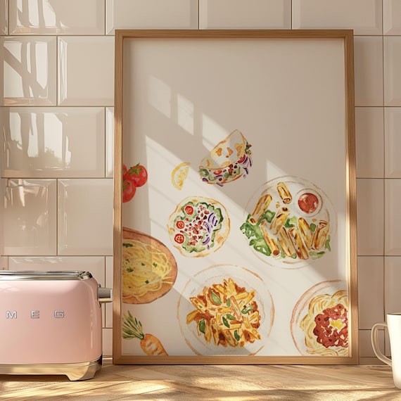 Watercolor Italian Food Spread Pasta Kitchen Dining Wall Art