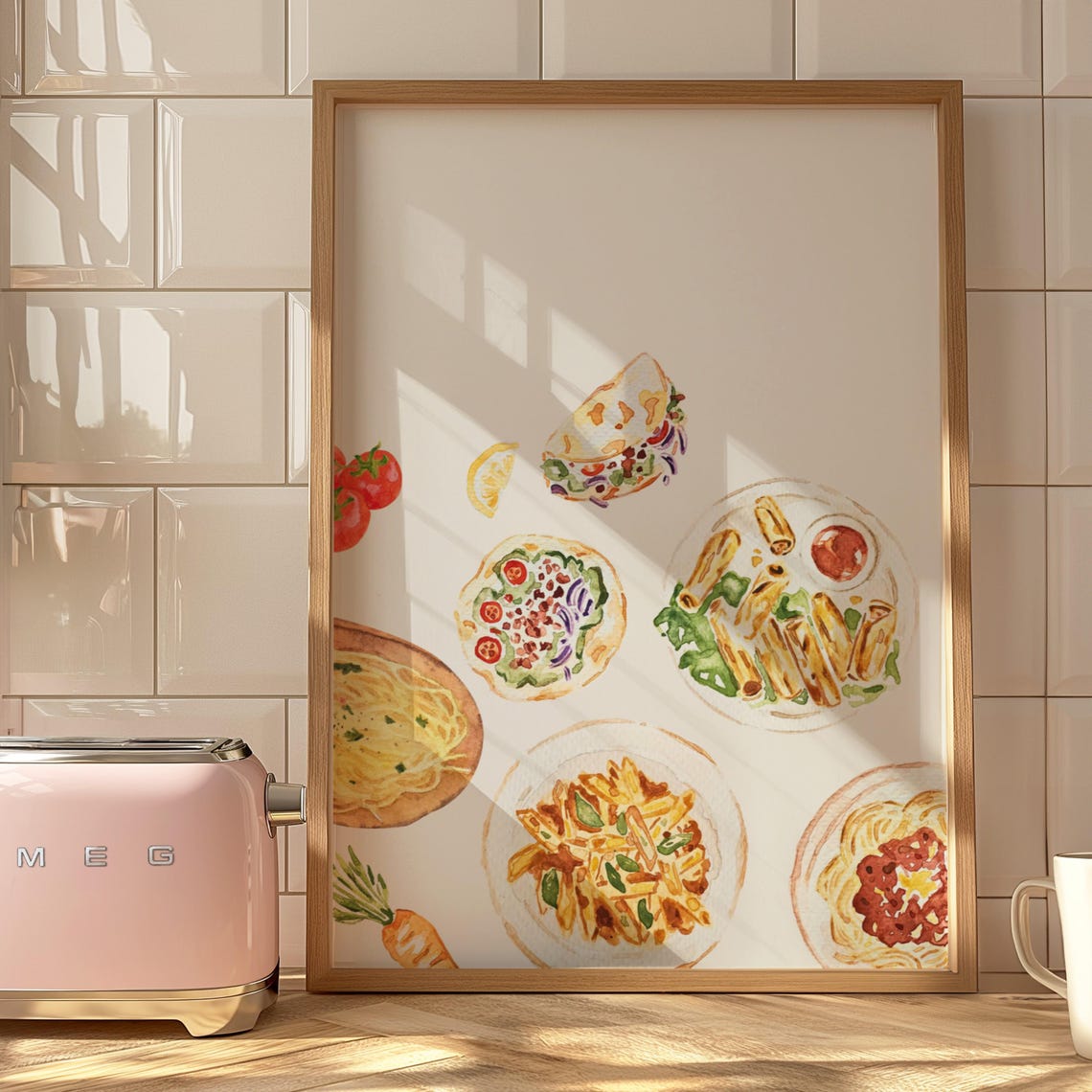 Watercolor Italian Food Spread Pasta Kitchen Dining Wall Art