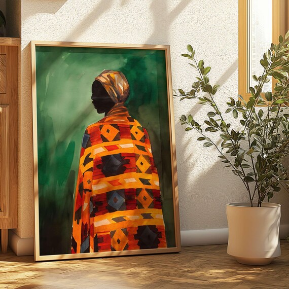 Figure Wrapped in Patterned Orange Blanket on Emerald Ground Art Poster