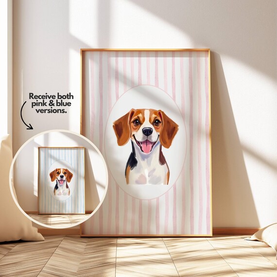 Happy Beagle Puppy Watercolor Portrait on Pink and Blue Stripes Poster