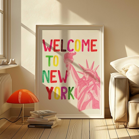 Welcome To New York Pink Statue Of Liberty Hand Lettered Poster