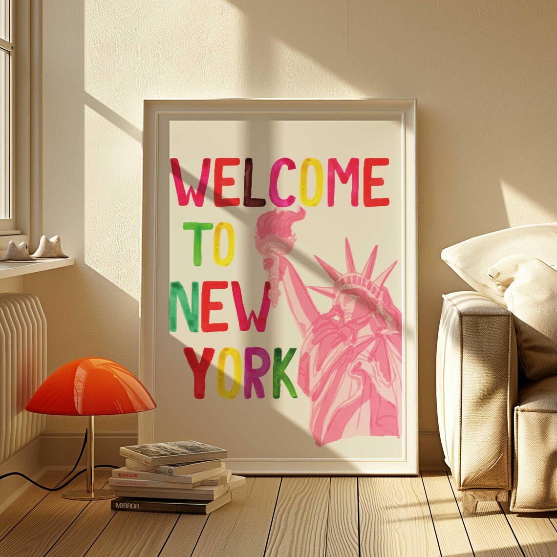 Welcome To New York Pink Statue Of Liberty Hand Lettered Poster