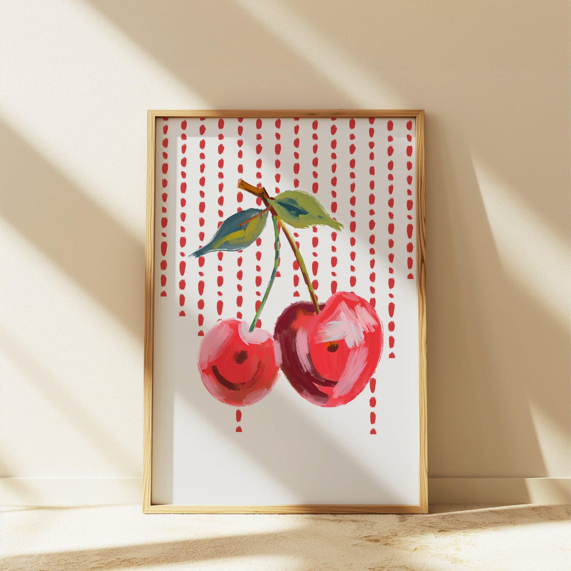 Red Cherries Watercolor Art Poster with Retro Striped Background