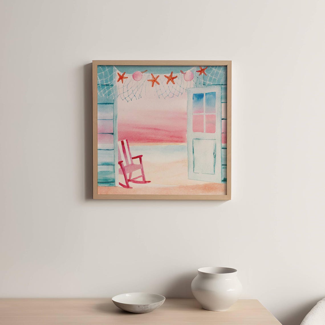 Beach Shack Door Watercolor Poster Pink Sunset Starfish Coastal Art