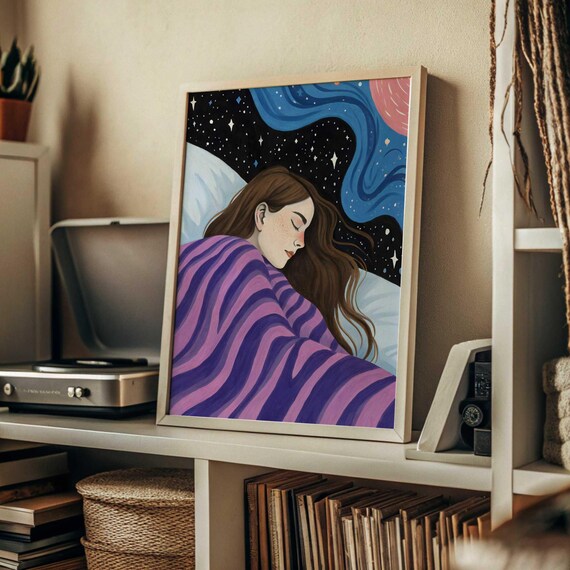 Dreaming Woman Purple Swirl Starry Night Celestial Bedroom Wall Art