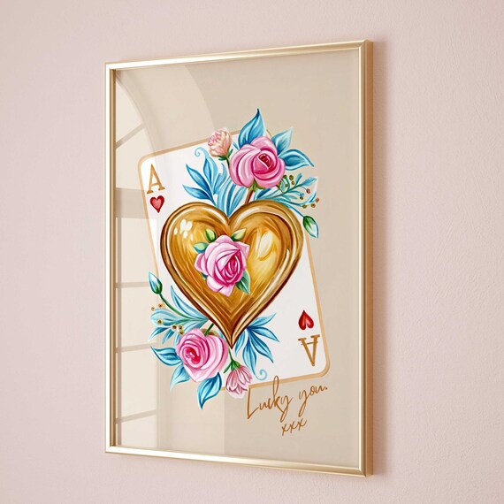Ace Of Hearts Golden Heart Pink Roses Lucky You Card Art Poster