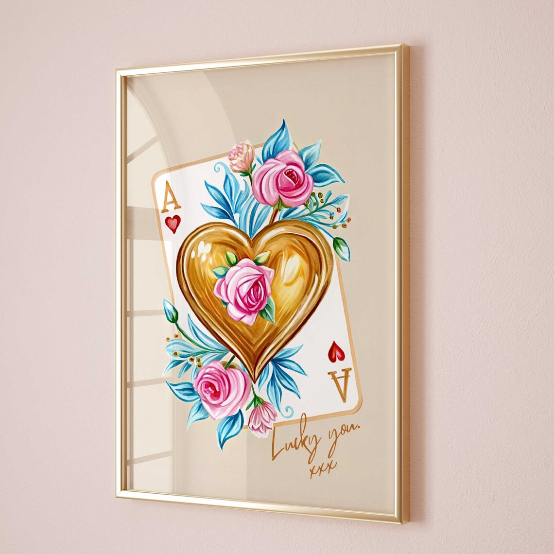 Ace Of Hearts Golden Heart Pink Roses Lucky You Card Art Poster