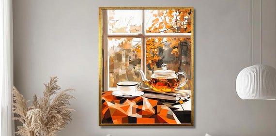 Cozy Autumn Tea Art Warm Geometric Window Scene With Teapot And Cup Fall Inspired Wall Decor For Relaxing Interiors