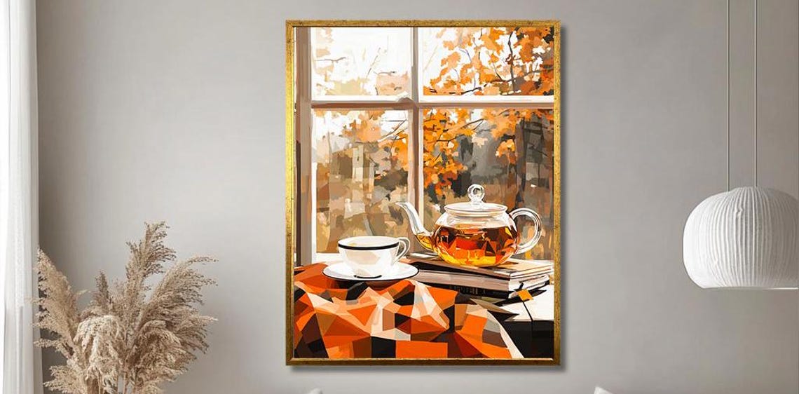 Cozy Autumn Tea Art Warm Geometric Window Scene With Teapot And Cup Fall Inspired Wall Decor For Relaxing Interiors