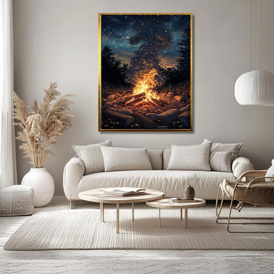 Glowing Campfire Under Starry Night Sky Forest Scene Art Poster - Image 2