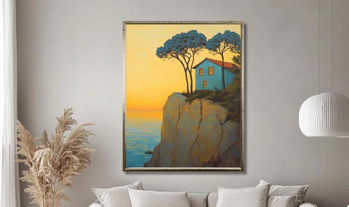 Blue Cliffside House Overlooking The Sea At Golden Sunset Poster