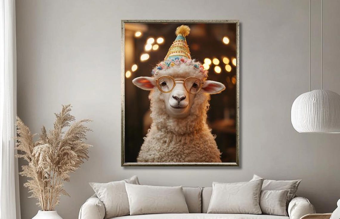 Funny Sheep In Party Hat And Glasses Quirky Animal Wall Poster