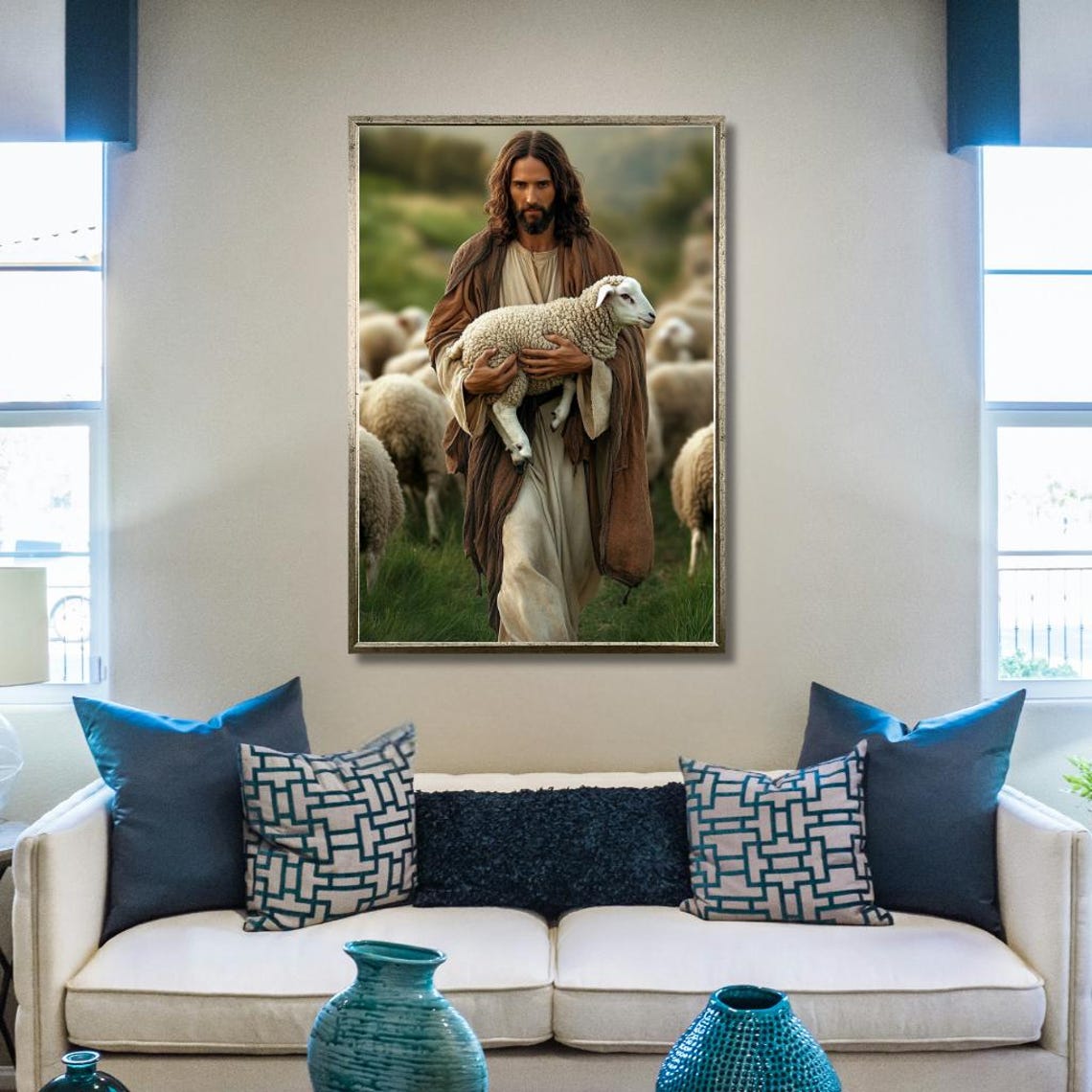 Jesus The Good Shepherd Carrying A Lamb In Green Pastures Poster - Image 2