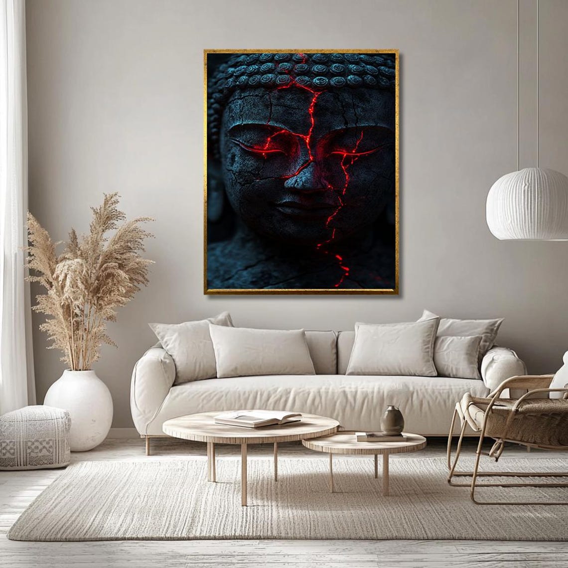 Cracked Stone Buddha Face With Red Glowing Cracks Zen Art Poster - Image 3