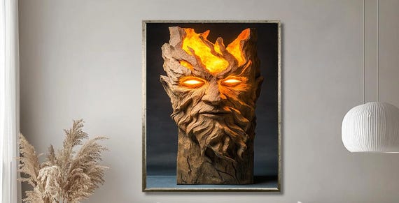 Fiery Tree Spirit Art Mystical Burning Wood Face With Glowing Eyes Fantasy Wall Decor For Living Room Nature Inspired Elemental