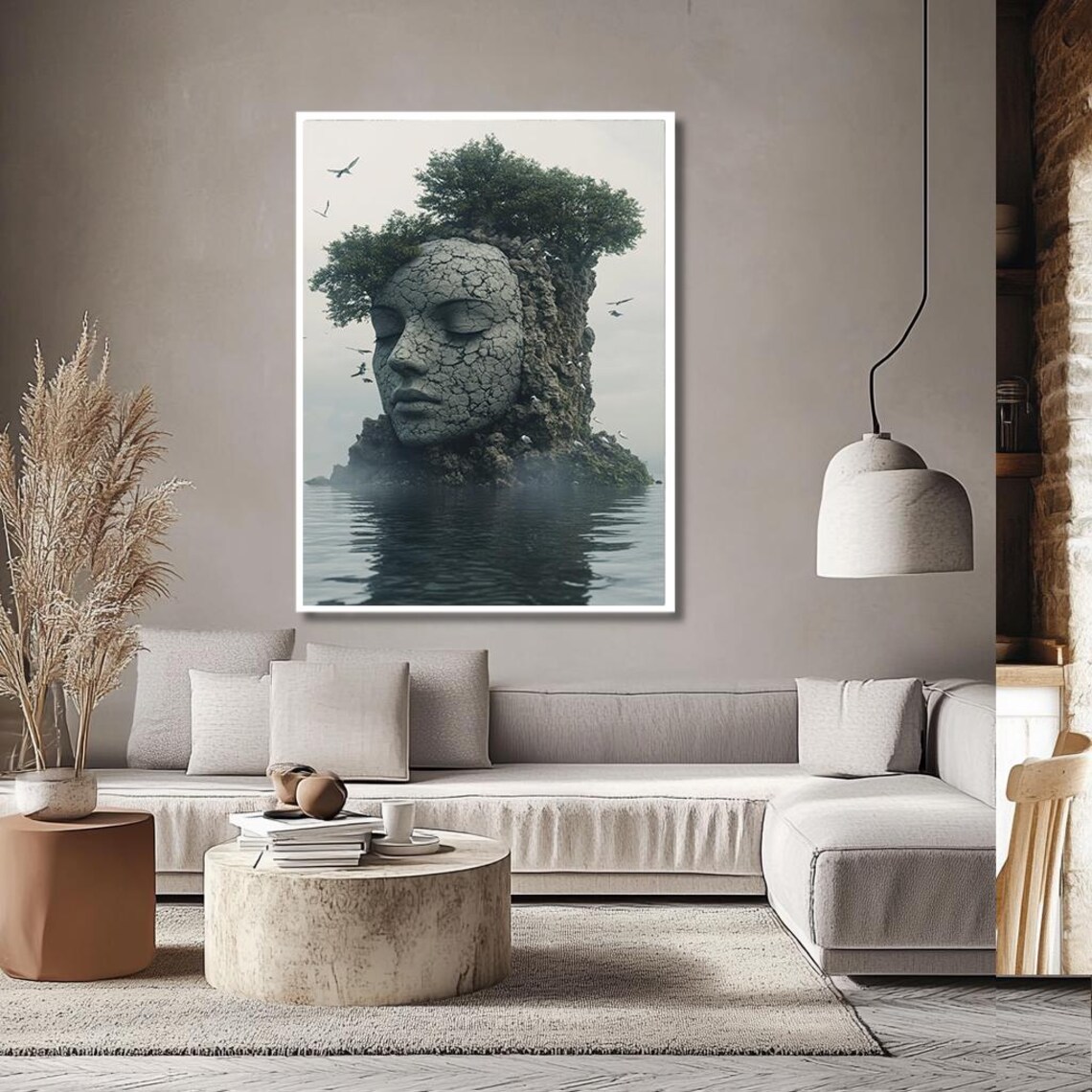 Grey Stone Face Island in Still Misty Water Monochrome Print - Image 3