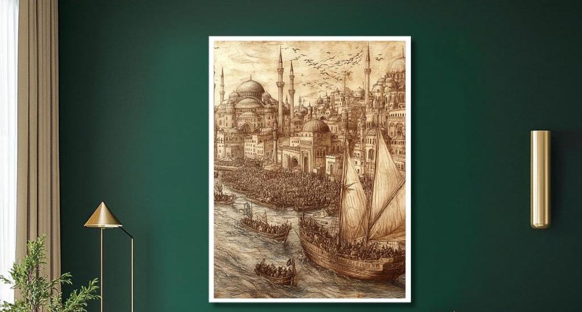 Vintage Istanbul Ottoman Harbor Sepia Sketch Seaport Scene Poster - Image 2