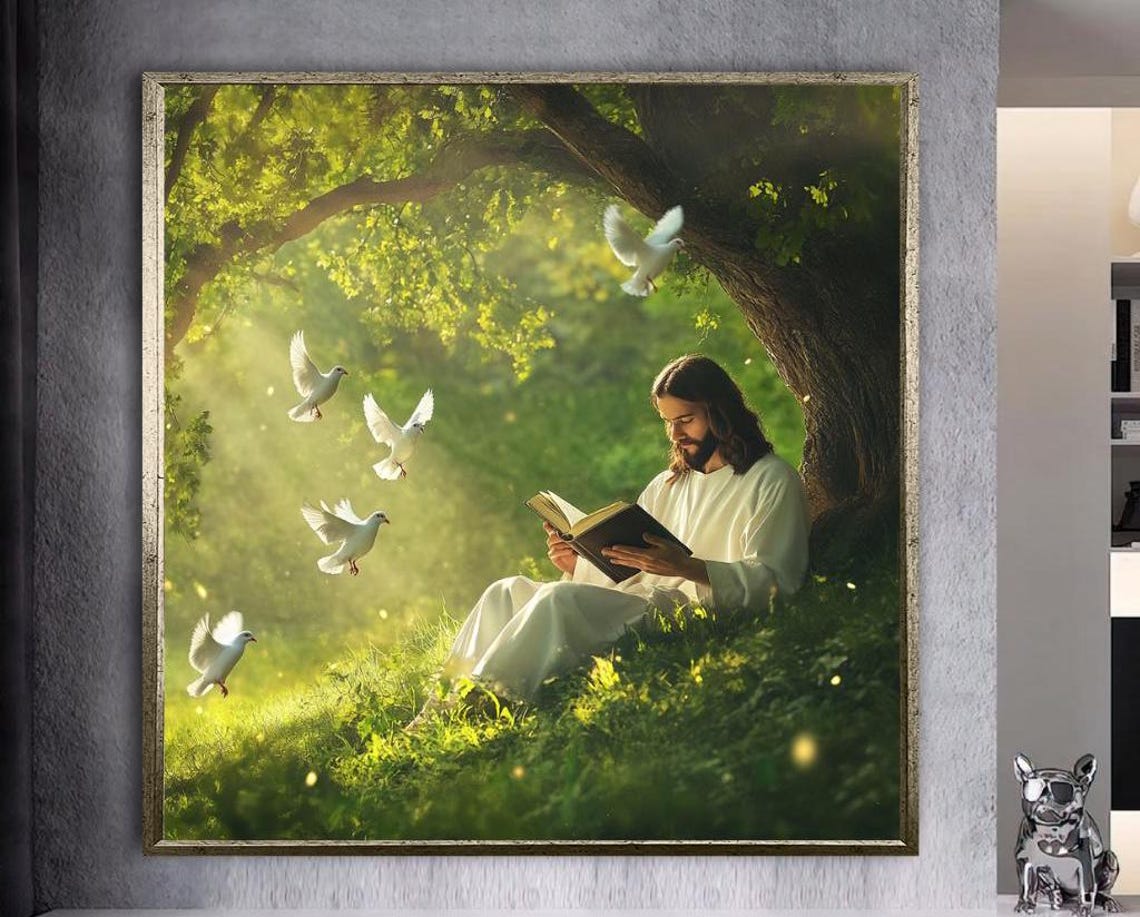 Peaceful Garden Reading Wall Art Serene Nature White Doves Print Spiritual Meditation Green Forest Wall Decor