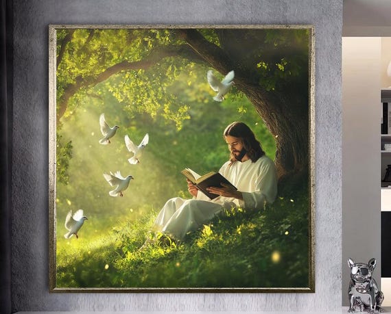Peaceful Garden Reading Wall Art Serene Nature White Doves Print Spiritual Meditation Green Forest Wall Decor