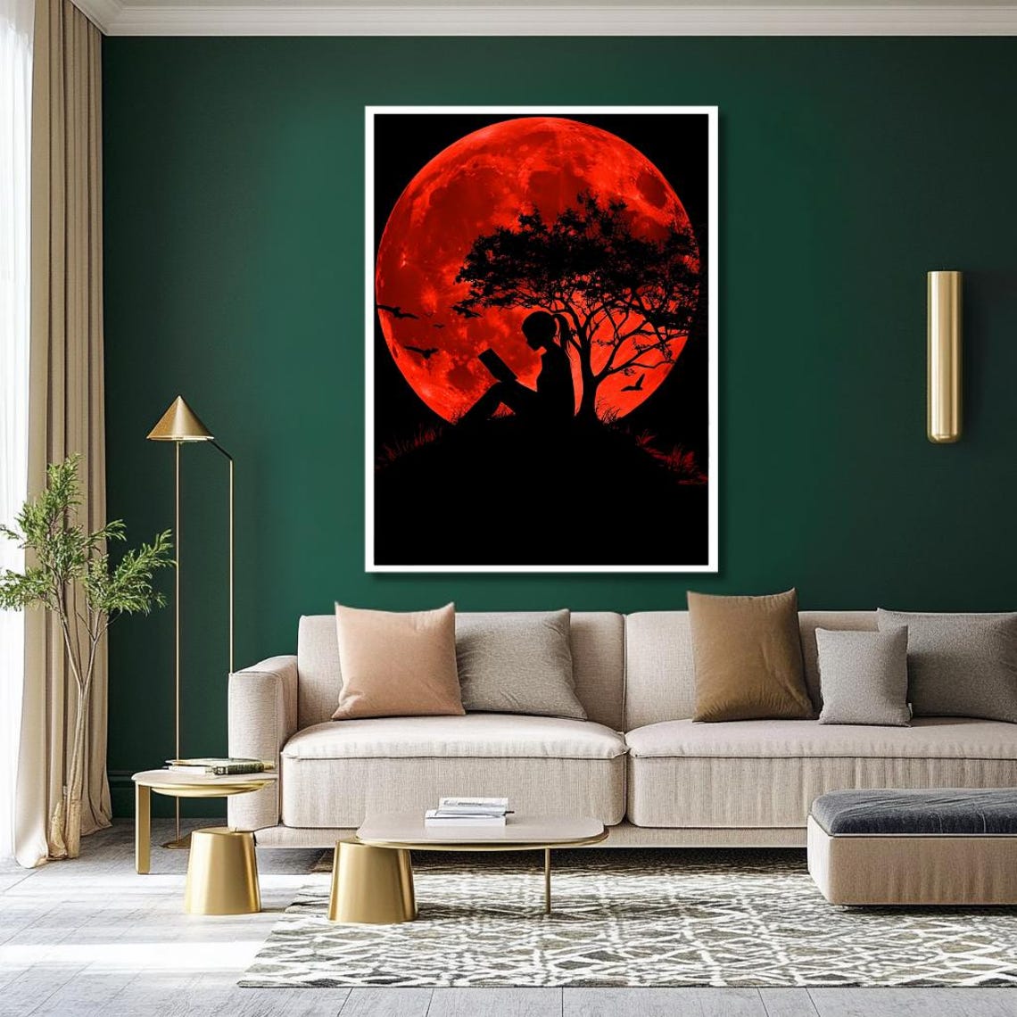 Red Moon Silhouette Wall Art Girl Reading Under Tree With Bold Lunar Background Striking Night Scene For Modern Decor - Image 2