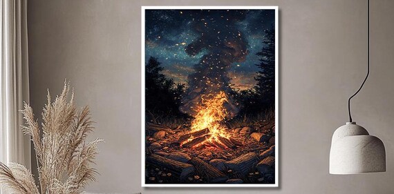 Glowing Campfire Under Starry Night Sky Forest Scene Art Poster