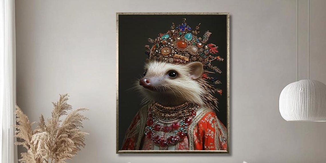 Regal Hedgehog Wearing Jeweled Crown Royal Portrait Art Poster