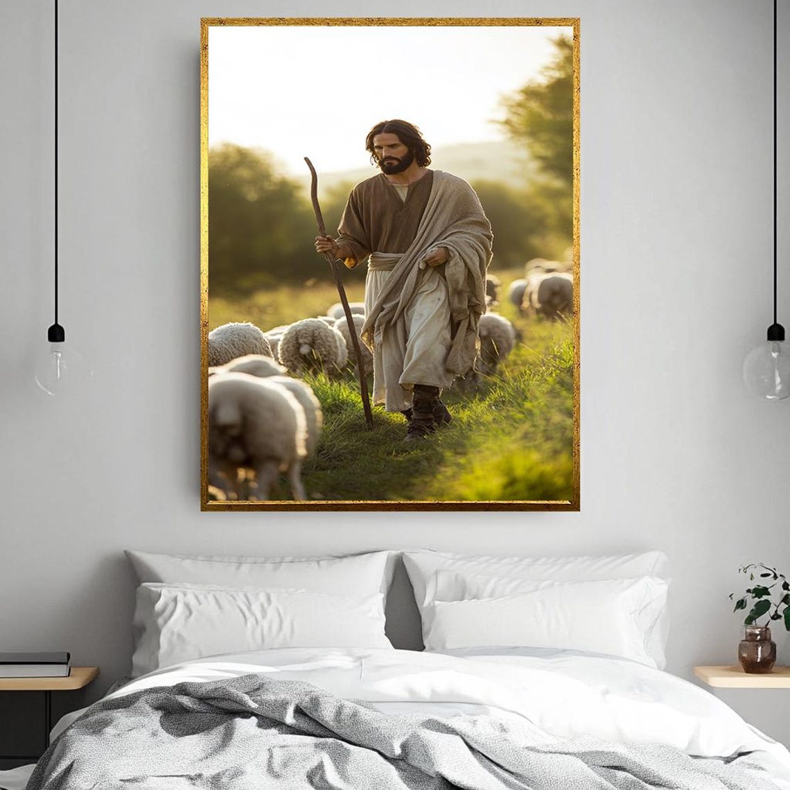 Jesus the Good Shepherd Walking with His Sheep at Sunset Poster - Image 3