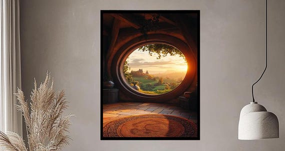 Enchanting Hobbit Hole Window Art Fantasy Landscape With Cozy Interior And Sunset View Whimsical Wall Decor For Nature Lovers