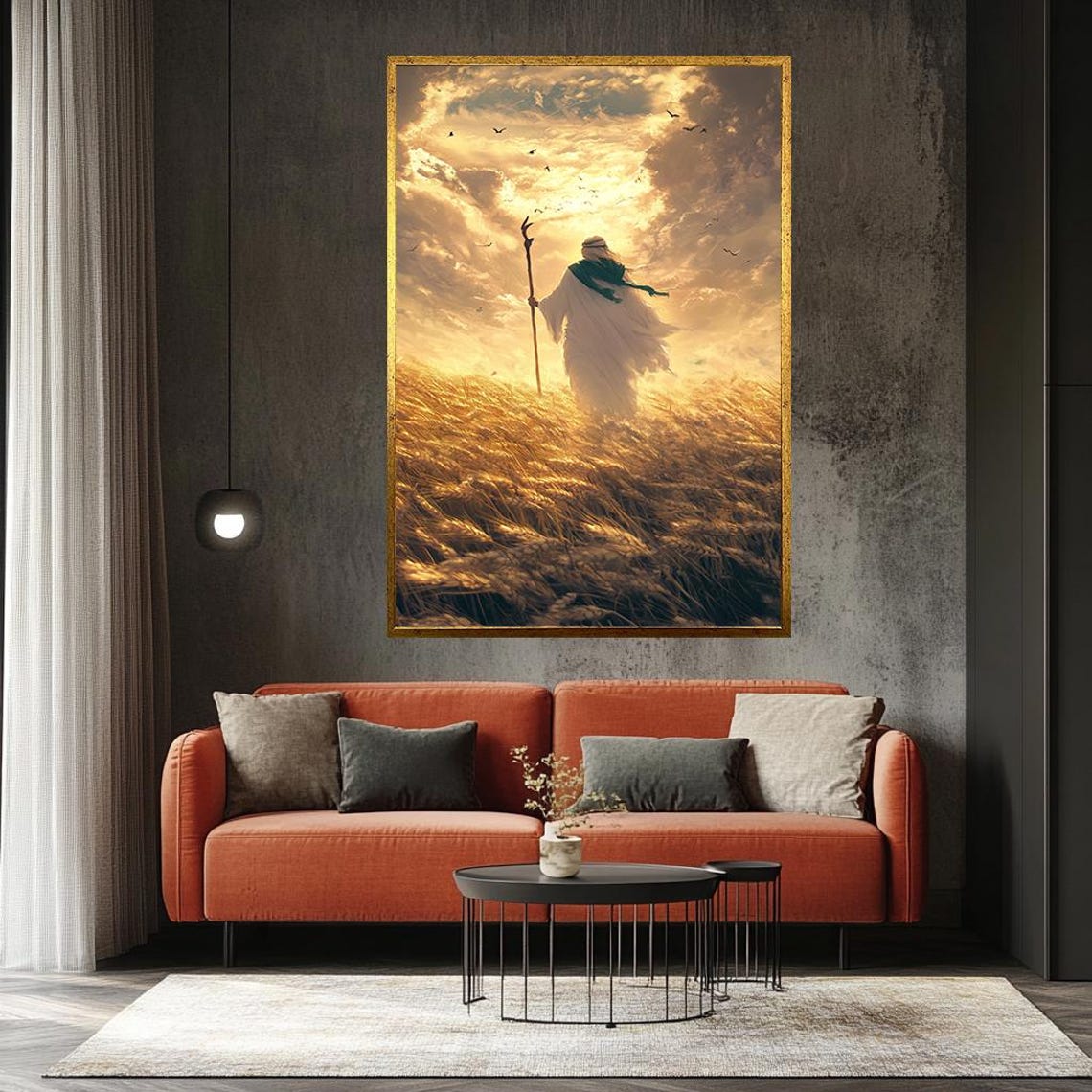Robed Figure With Staff Crossing A Golden Wheat Field At Sunset Poster - Image 3