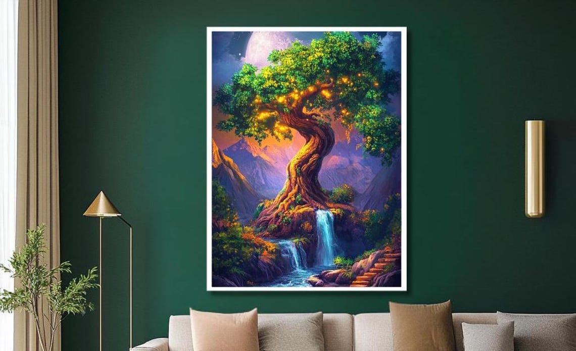 Enchanted Tree Wall Art Magical Forest Landscape With Glowing Lights And Waterfall Fantasy Nature Decor For Living Room