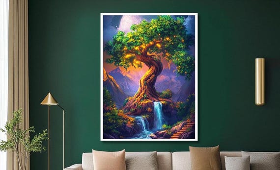 Enchanted Tree Wall Art Magical Forest Landscape With Glowing Lights And Waterfall Fantasy Nature Decor For Living Room