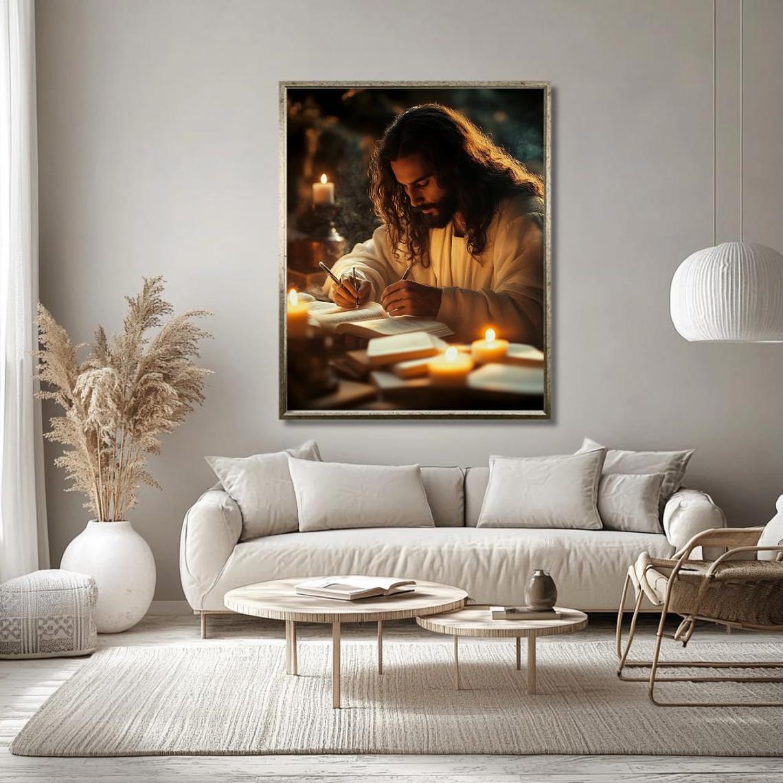 Jesus Writing by Candlelight Warm Devotional Christian Poster - Image 2