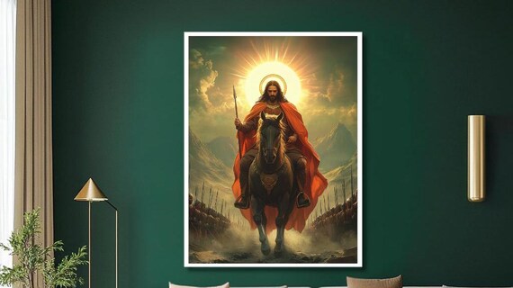 Warrior King on Black Horse Sunburst Army Religious Art Poster