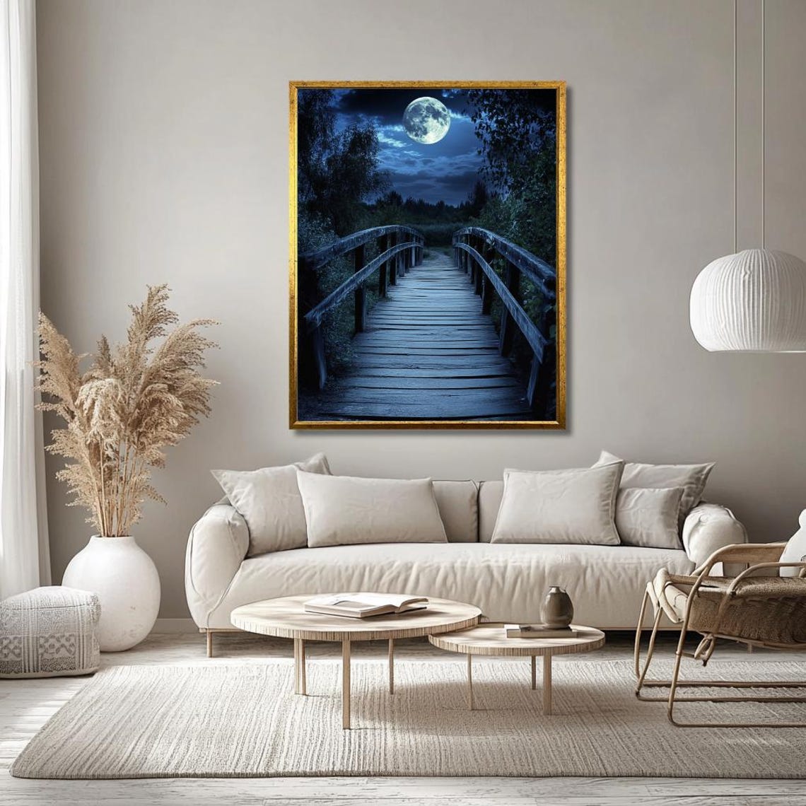 Wooden Bridge Under Full Moon Blue Night Landscape Scene Poster - Image 3