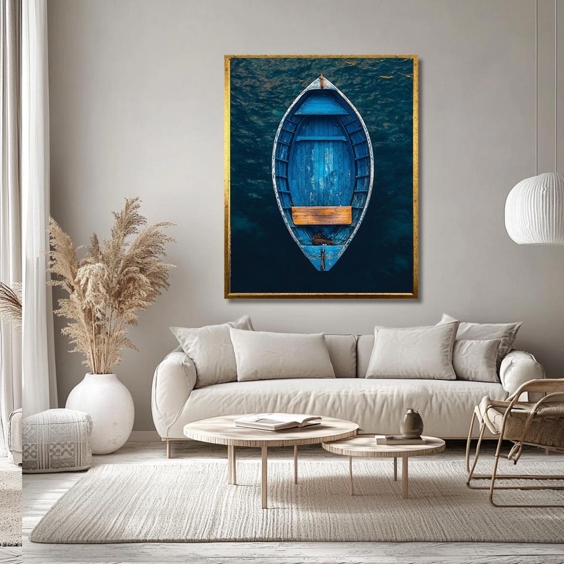 Rustic Blue Wooden Rowboat Aerial View Dark Ocean Art Poster - Image 3
