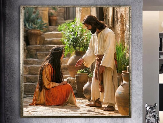 Jesus Extending His Hand to Kneeling Woman in Ancient Courtyard Poster